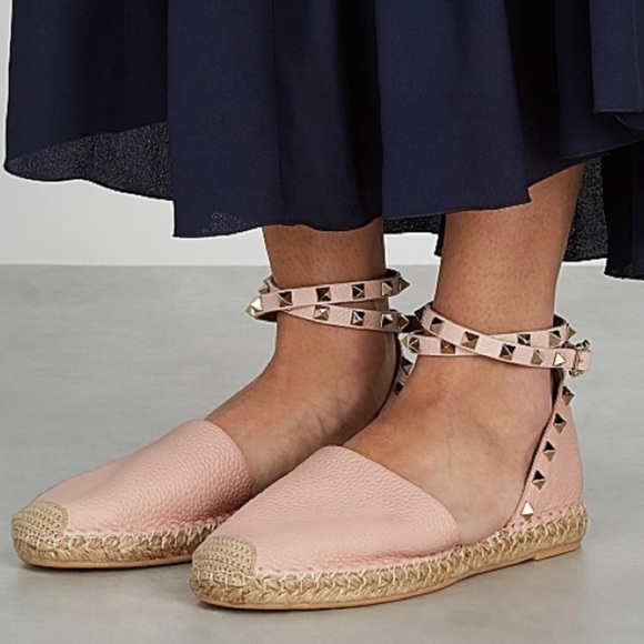 Valentino Garavani Shoes - Valentino Garavani Rockstud Espadrille Sandals Leather Wrap Ankle Poudre Pink 35